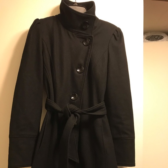 Guess Puff Sleeve Black Wool Blend Belted Coat XS - Picture 2 of 8